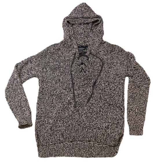 Rock & Republic Pull Over Hoodie cable knit sweater Small Black Gray - Picture 3 of 12